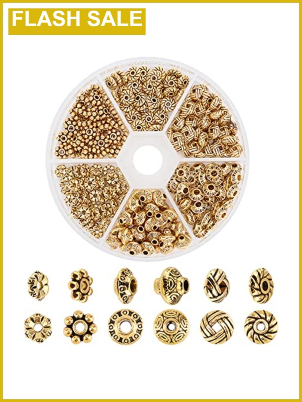 300pcs Antique Golden Tibetan Metal Spacer Beads, 6 Styles, Alloy, For Jewelry